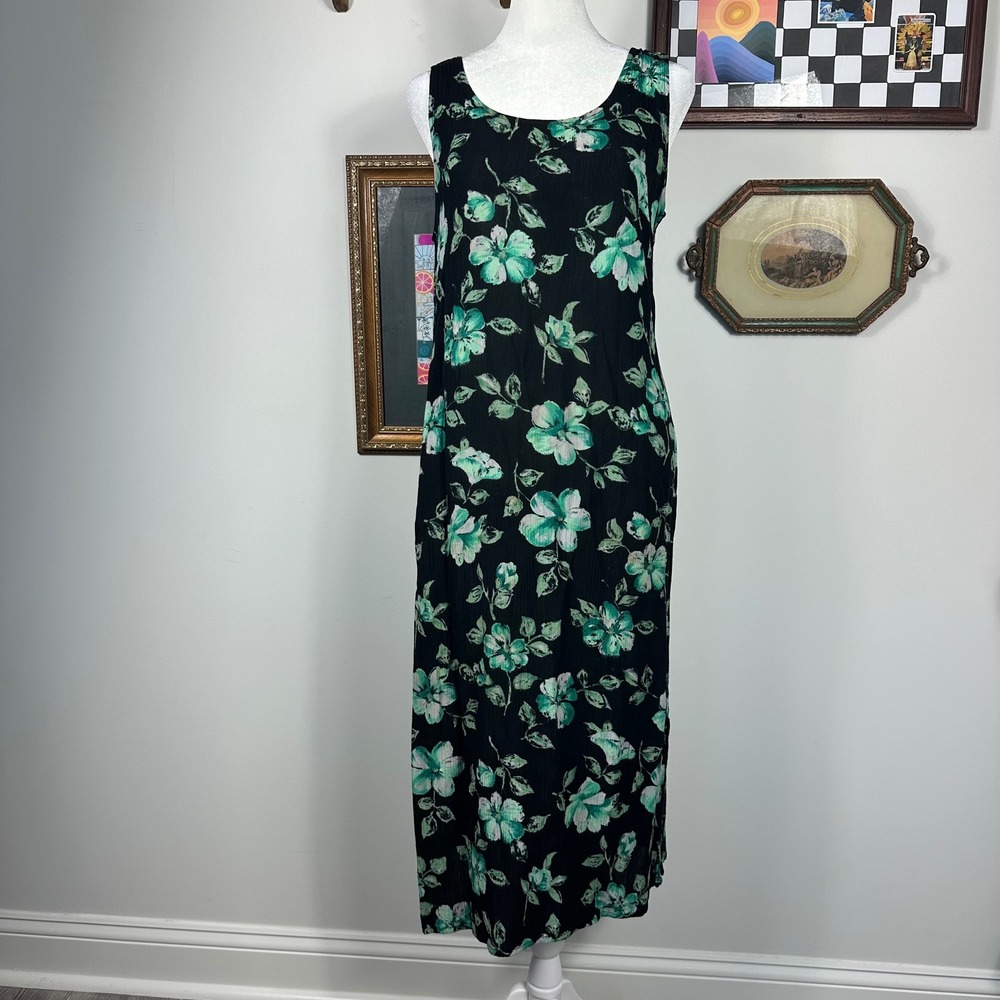 R&K Original Black Midi Dress w/ Green & White Floral Design - SIZE 10P Boho